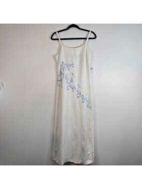 GW Linen Floral Slip Dress Maxi Women Size 4 White Embroidered Y2K Coastal